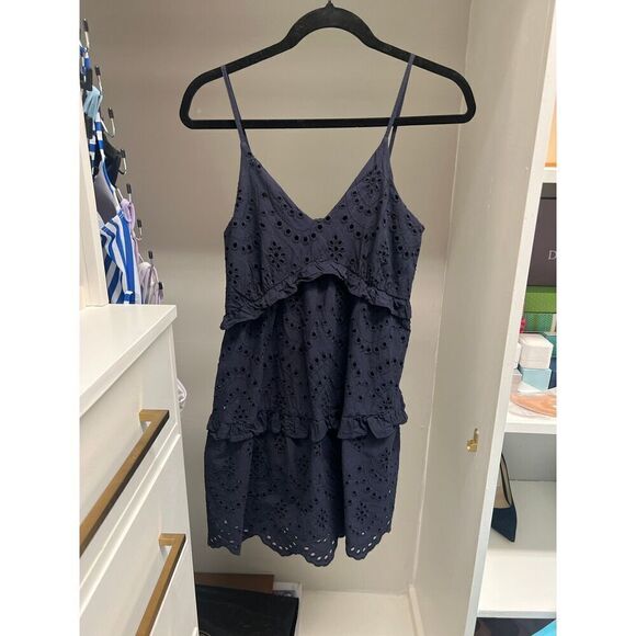 Express tiered ruffle trim eyelet V-neck Sundress mini dress strapless XS Navy - Picture 1 of 4